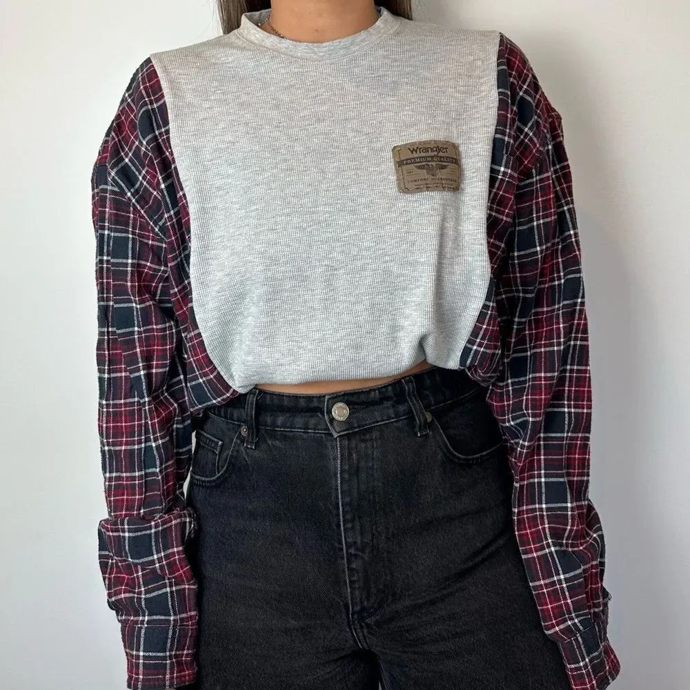 Wrangler Reworked Upcycled Western Long Sleeve Vintage Plaid Flannel Shirt Top